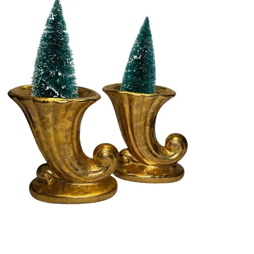 Pair Of Vintage USA Pottery Cornucopia Vases Painted In Gold Glaze Married With Bottle Brush Trees @6” Tall