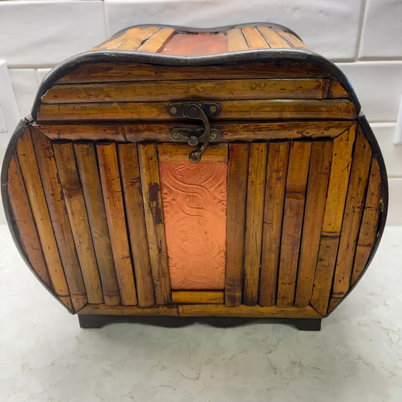 Vtg Bamboo Dome Chest Box w/ Embossed Copper Panels - Boho Tiki Trunk Keepsake