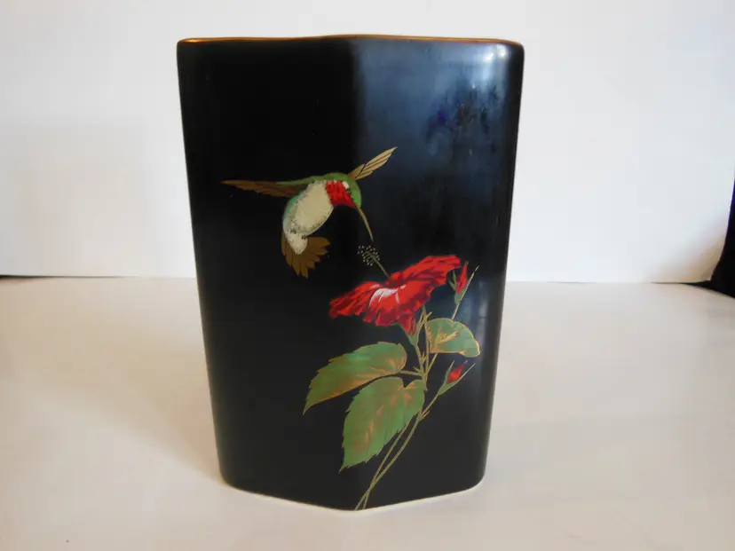 Otagiri Hummingbird Vase Diamond Black China Gold Trim