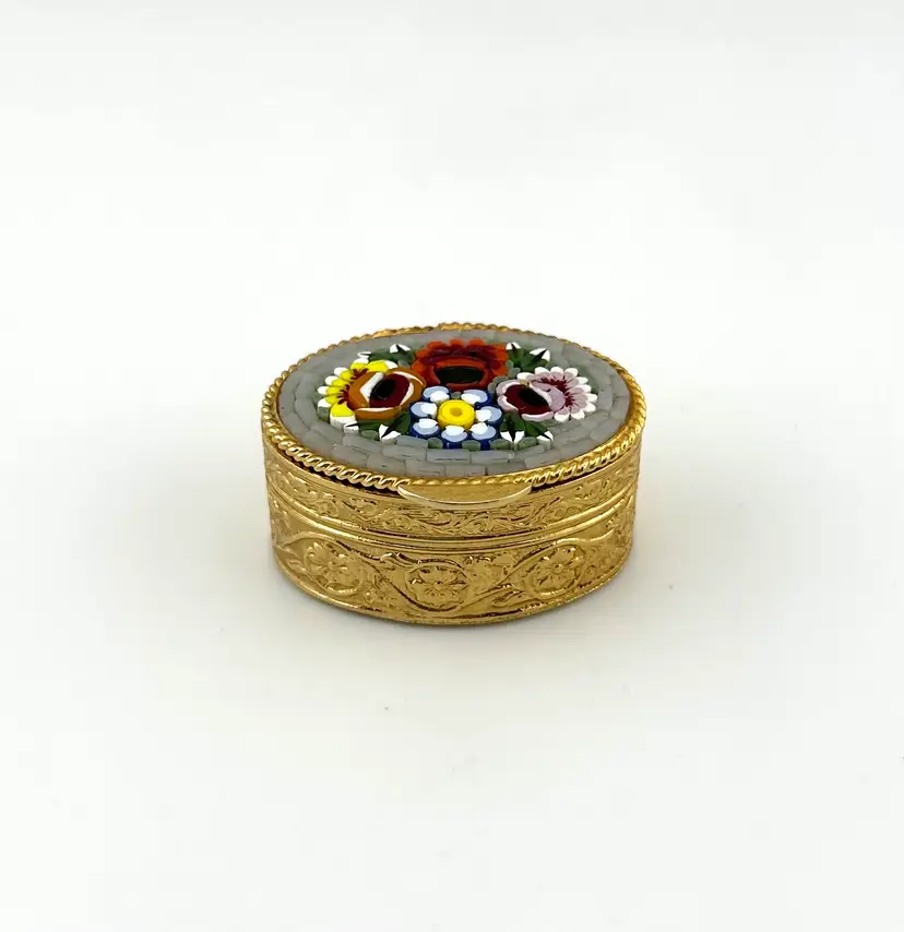 Gold Tone Italian Micro Mosaic Pill Box 1.5”x 1”x .75”