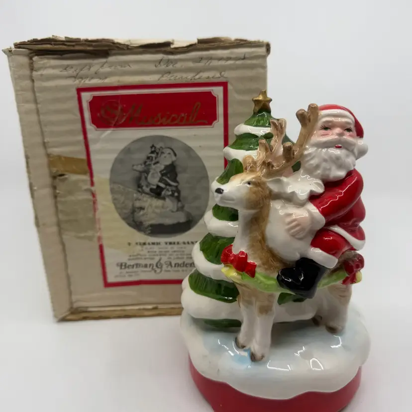 Vintage Berman & Anderson NY Santa Riding Reindeer Music Figurine Works Org Box