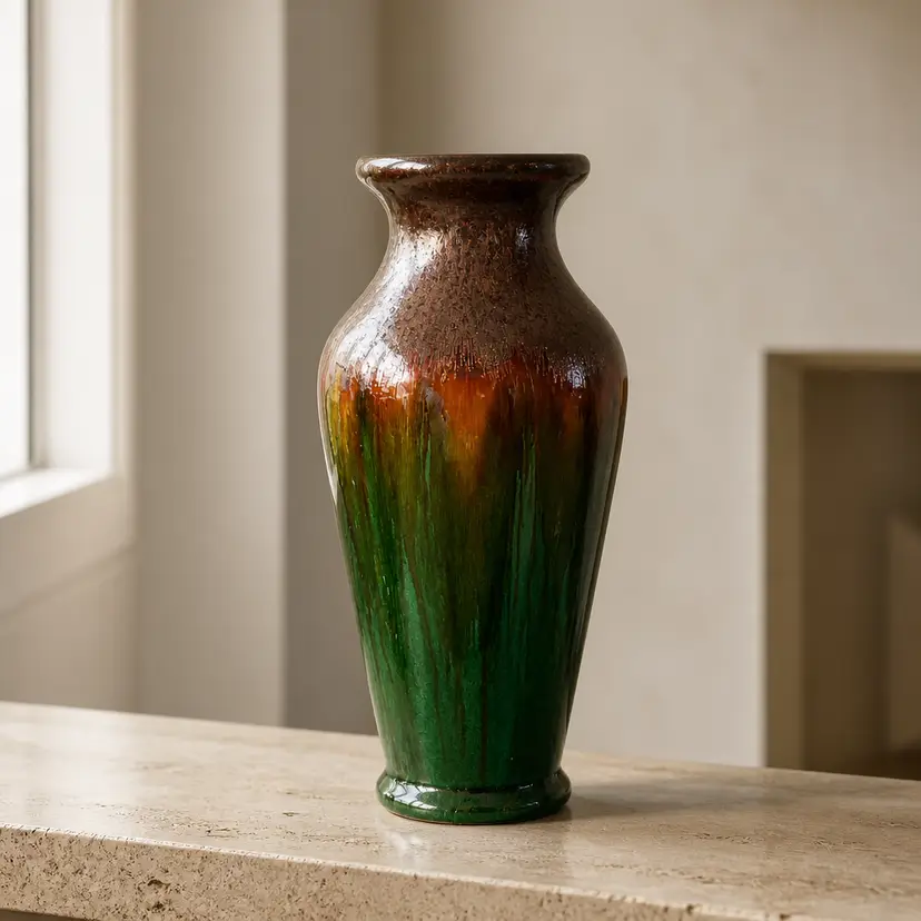 14" VINTAGE MAJOLICA GLAZE GOLD METALLIC LAVA ART POTTERY VASE