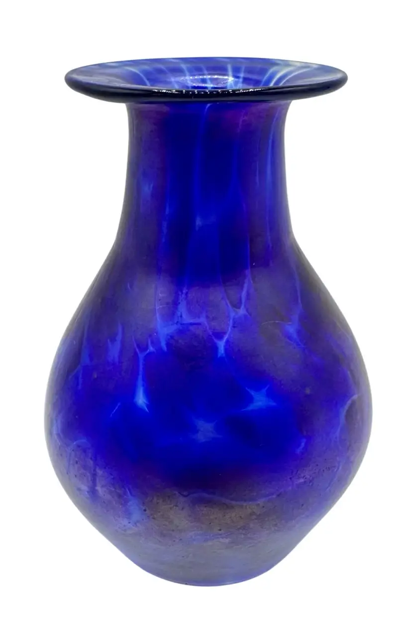 Handblown Studio Art Glass Vase Cobalt Blue Metallic Iridescent Sheen Splatter