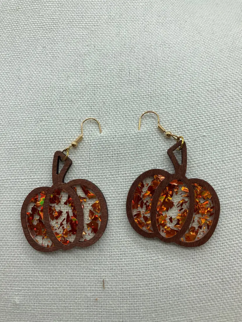 Glittered Resin & Wood Pumpkin Earrings