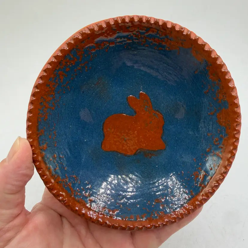 Ned Foltz Redware Pottery 5" Blue Rabbit Plate - Vintage 1984 PA Folk Art