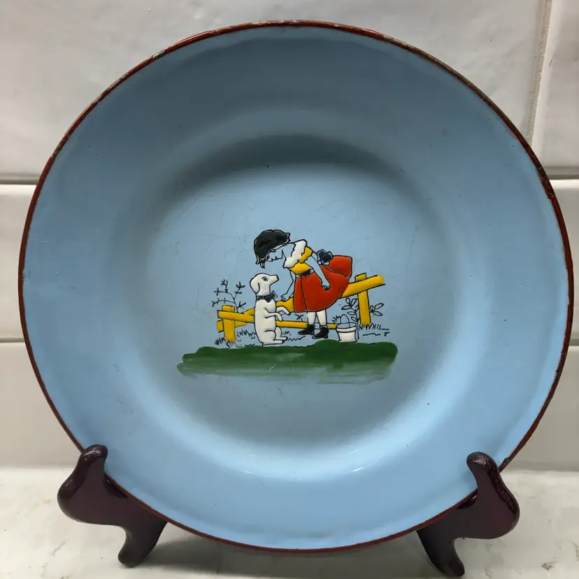 Vtg 1930s Czechoslovakia Tin Enamel Child's Baby Plate - Girl With Dog Fence