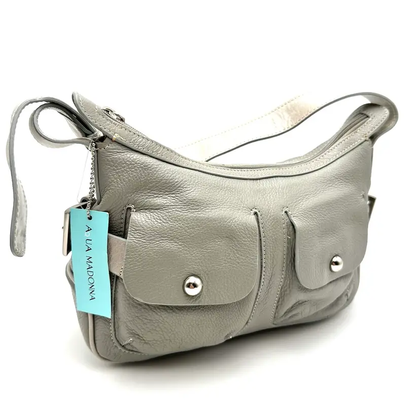 Aqua Madonna Grey Leather Shoulder Bag Purse Handbag NWT 14 X 7 X 4”