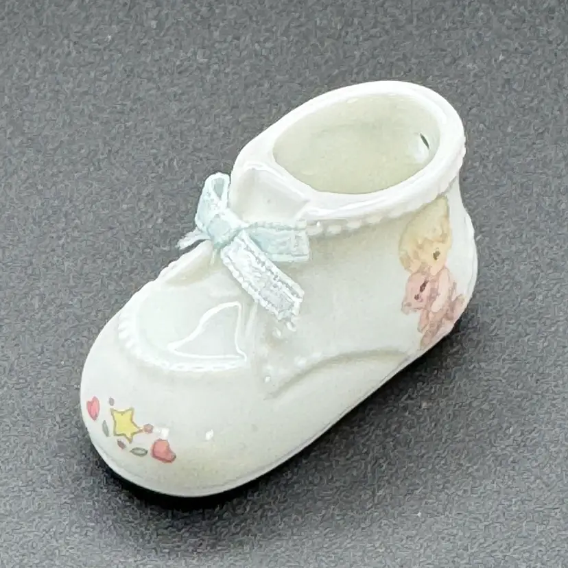 Vtg 1991 Precious Moments Porcelain Baby Shoe Ornament Blue Bow Jesus Loves You