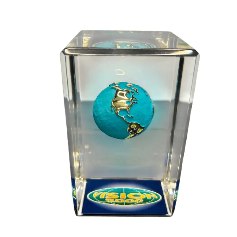 Vision 2000 Lucite Paperweight With Suspended World Globe Made For 
“Dialogue 94” Company Promotion 
5 1/4x3 Glows