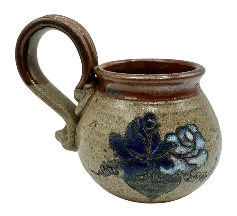 Signed Claybelly Vintage Studio Art Pottery Coffee Mug Floral Blue Rose Brown