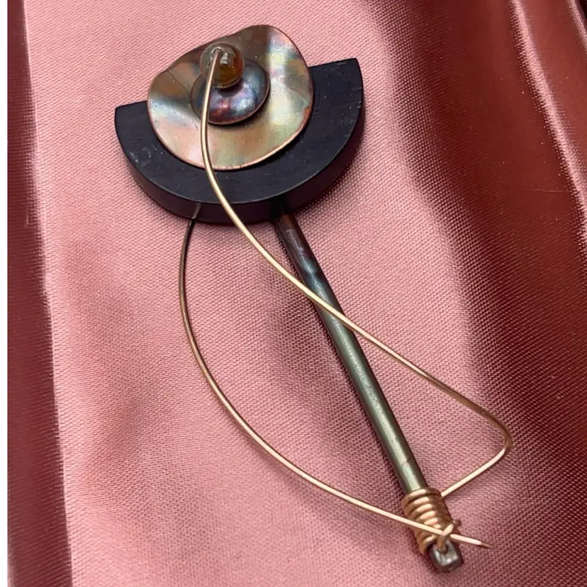Vintage 1980s Artisan Kinetic Modernist Mixed Media Brooch – Avant-Garde Wood, Copper & Brass Statement Pin