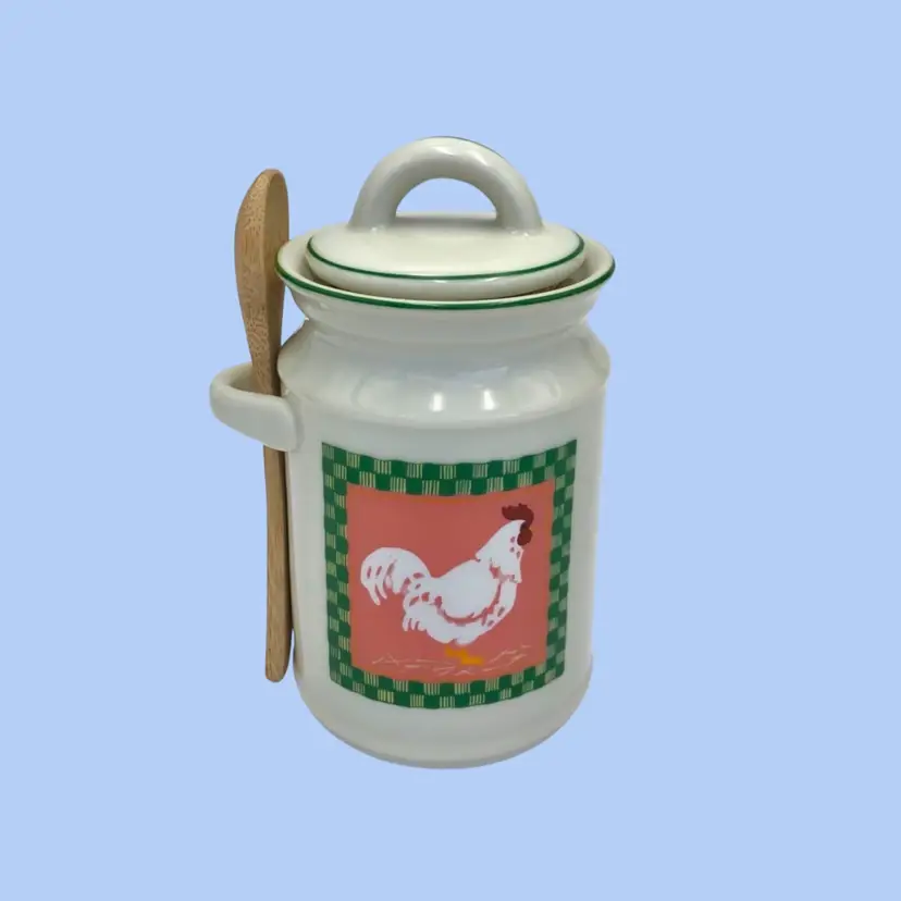 #289- Sugar Bowl Jam Pot Chicken Bamboo Spoon By Crowning Touch Japan Pottery