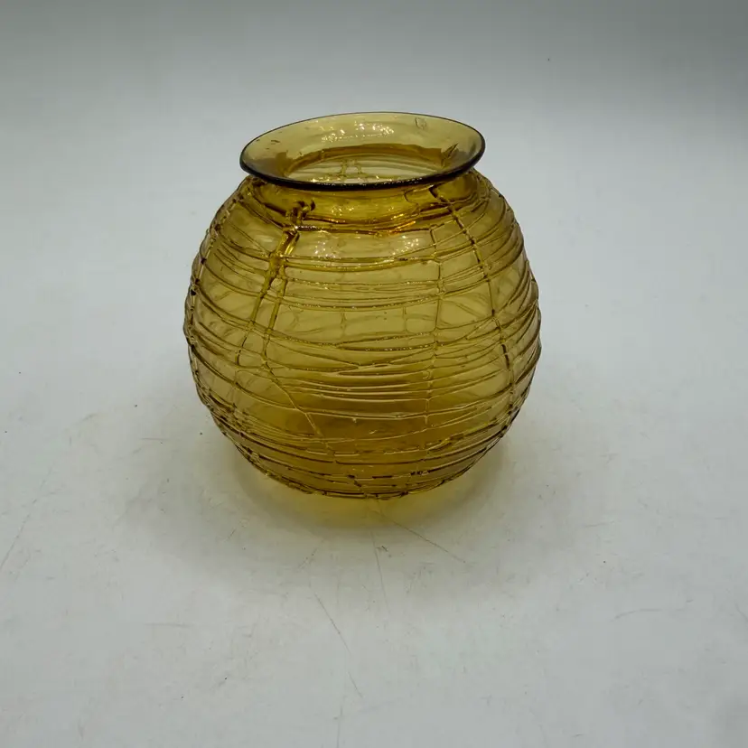 Vtg Amber Glass Threaded Globe Vase Art Nouveau Kralik Loetz Spun Thread 3.25”