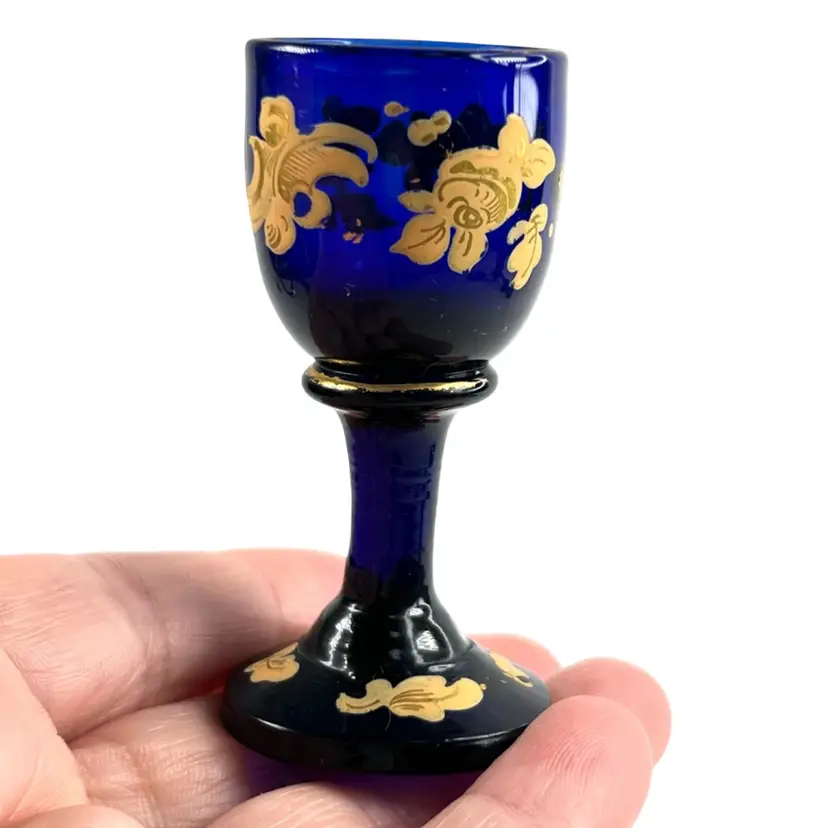 Miniature Cobalt Blue Goblet w Flowers & Scrollwork.  Glass Drinkware Collectible. No Mark.