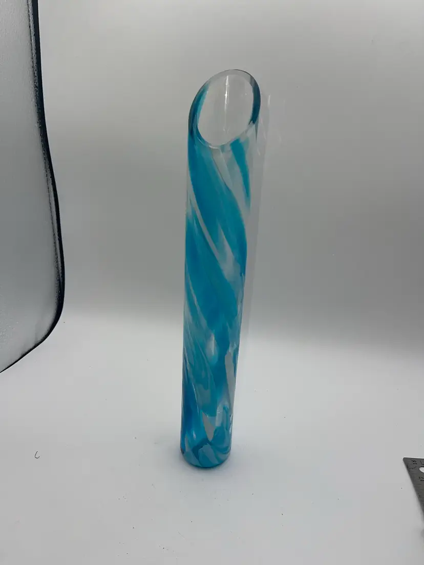 Vintage MCM Blown Art Glass Blue Teal White Swirl 13” Tall  Vase