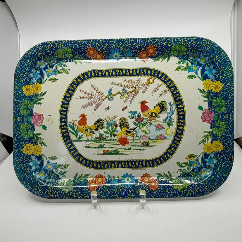Vintage Rooster & Floral Tin Tray 16”