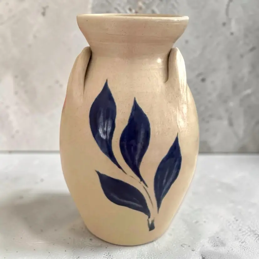 Vtg Williamsburg Pottery Cobalt Blue Leaf Stoneware Vase Salt Glaze Hand Painted