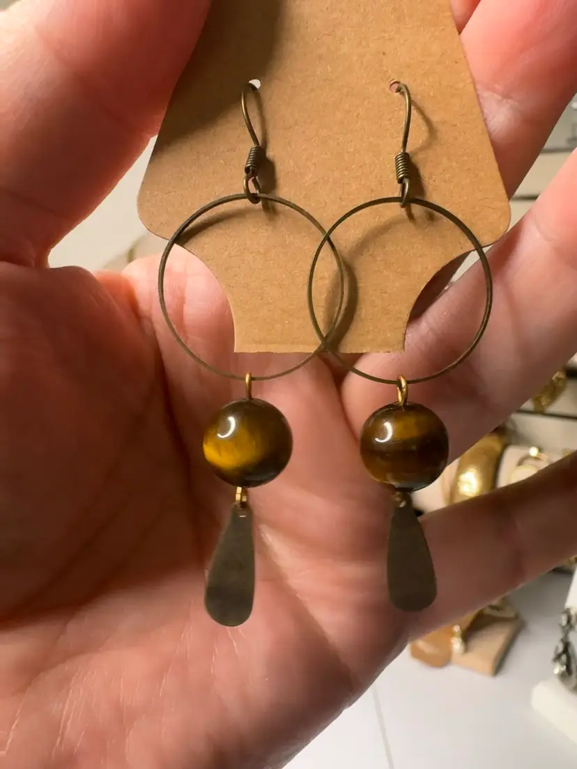 Bronze Tone Fishhook Tiger’s Eye Dangle Earrings