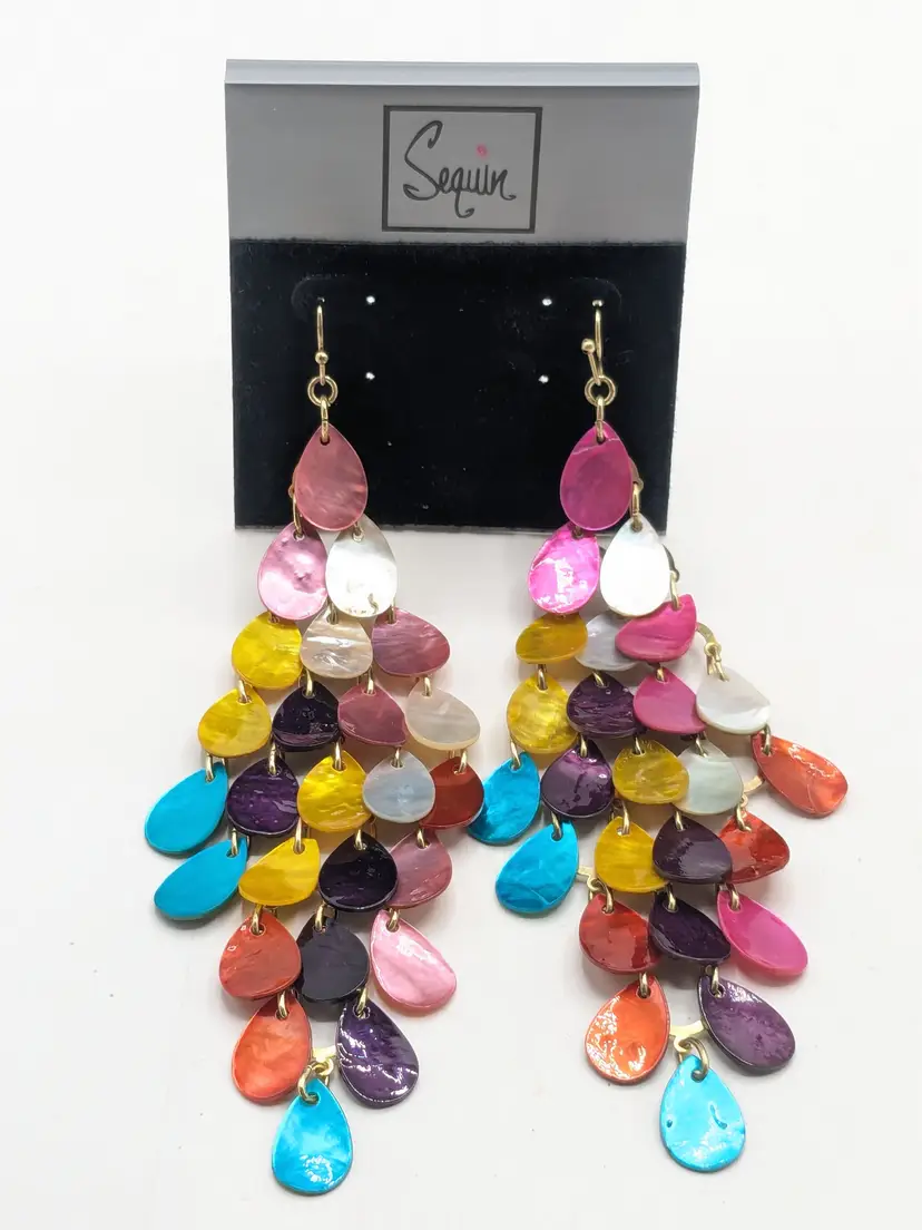 Sequin Gold Tone Multicolor Tiered Dangle Pierced Earrings Mermaid Jewelry NWT