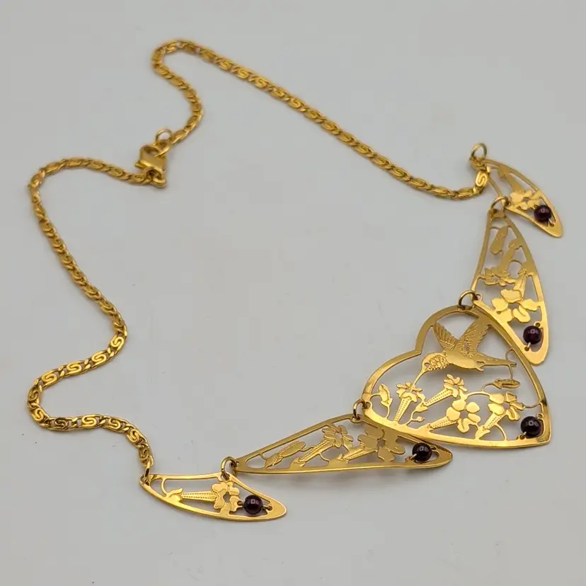 Vtg Wild Bryde Trumpet Flower Hummingbird Heart Panel Gold Plated Necklace