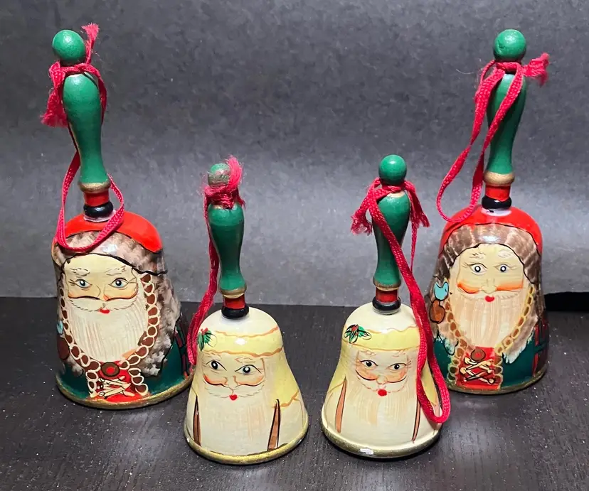 VTG Wooden Handpainted Santa Claus Bell Ornaments