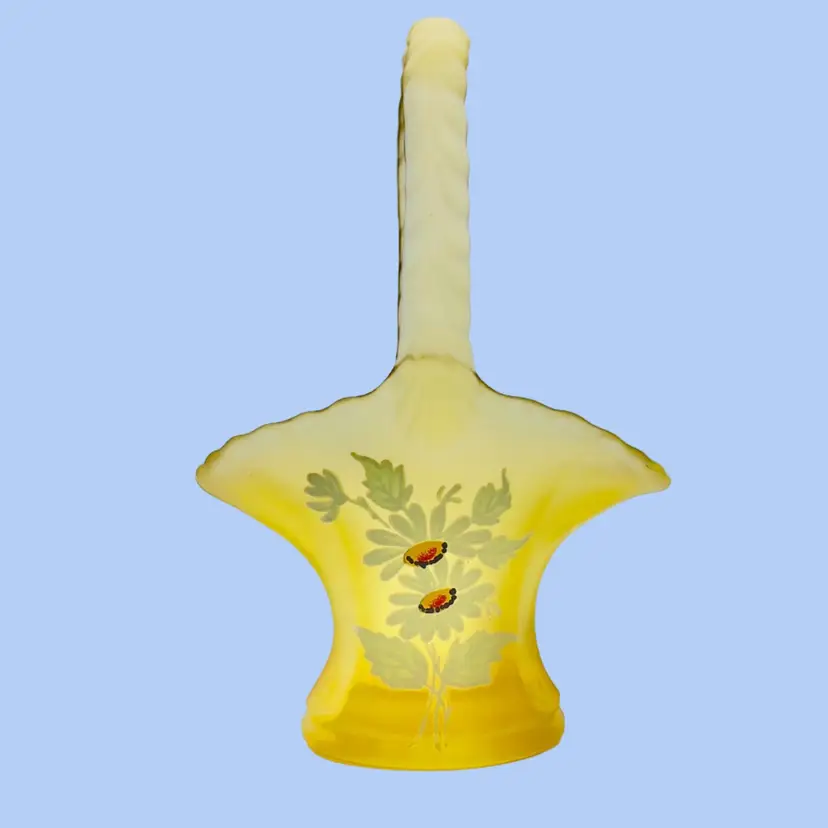 #275- Satin Glass Vase Basket 
Yellow w/ White Daisy Flower
 Westmorland