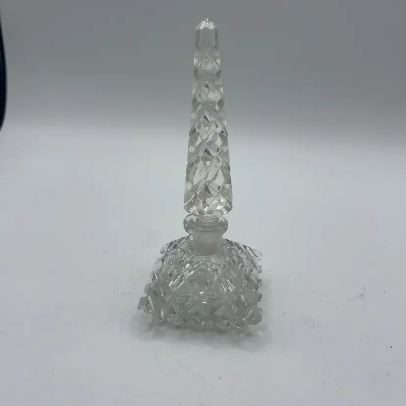 Art Deco Cut Crystal Glass Perfume Bottle Faceted Spire Stopper Czechoslovakia
