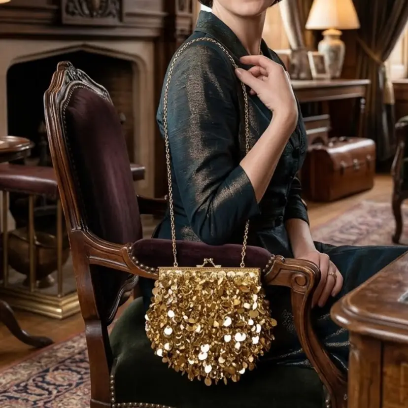 66. Gold Sequin And Bead Shoulder Strap Purse Read