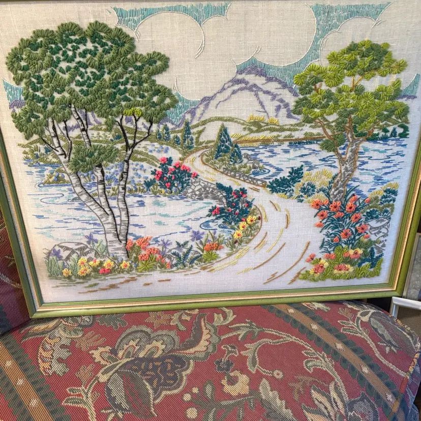 Vtg Large Crewel Work Framed - Scenic Lake Mountain Birch Tree Floral Landscape