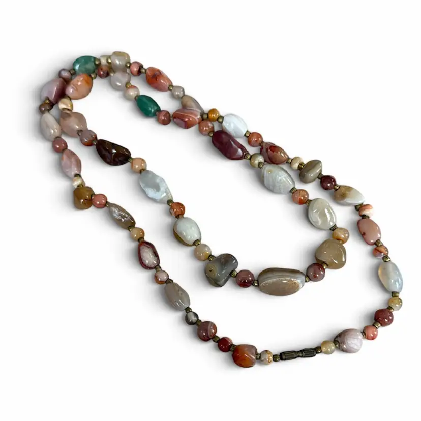 Vintage 17” Multi-Stone Agate Beaded Necklace with Barrel Clasp – Earth Tone Gemstone Statement Necklace