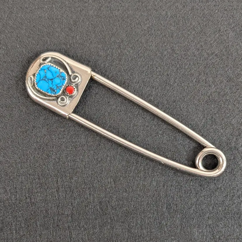 Vintage Large Safety Pin Native American Turquoise and Coral Keychain 4.25”