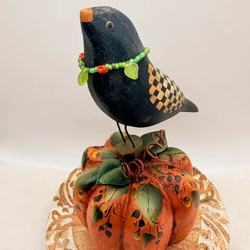 7.5”Vintage  Maria Kurtz's Halloween Toleware Folk art Pumpkin- Signed