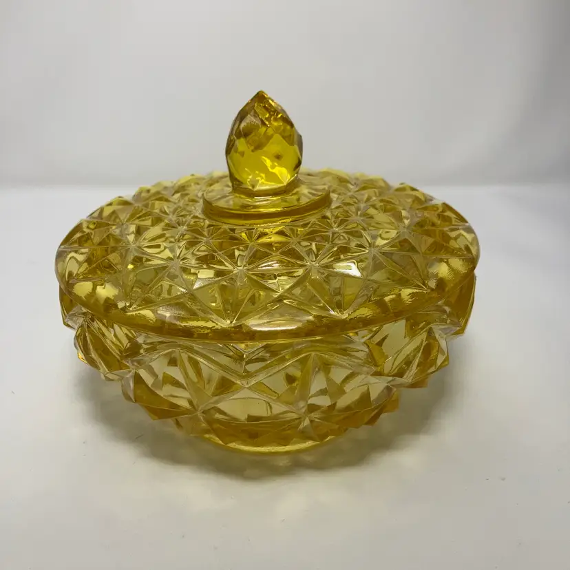 Stunning Yellow Glass Candy Dish! 5 1/2” Tall 6” Wide! UV Reactive Glow 😎