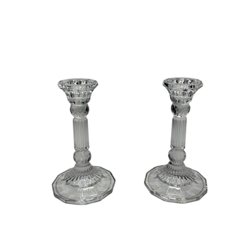 Pair Of Crystal Taper Candlesticks Octagonal Bases 5 1/2” Tall
