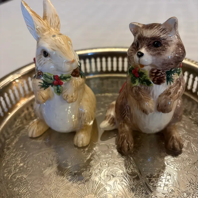 Fitz & Floyd Woodland Bunny Raccoon Salt Pepper Shakers Christmas 2003