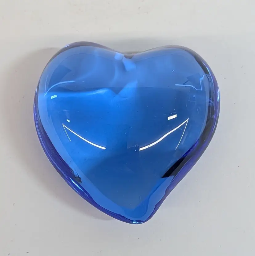 Vintage Blue Art Glass Puffy Heart Paperweight Sleek Polished Desk Decor Love 3"