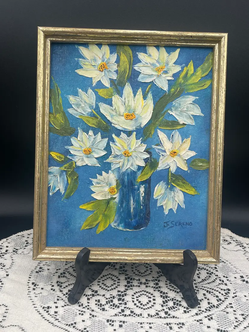 White Daisies in Blue Vase Signed Oil Painting