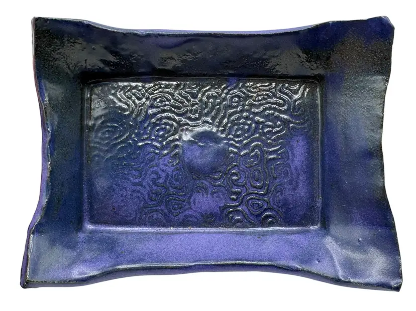Handmade Studio Art Pottery Trinket Soap Dish Purple Blue Textured Panda Marked