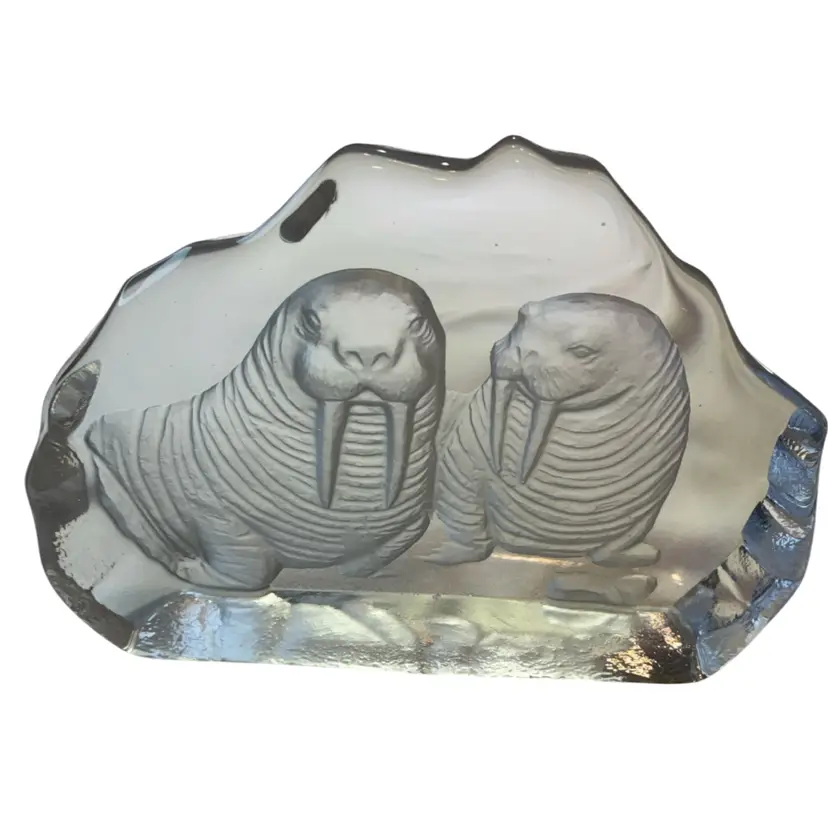Handmade Etched Glass Walrus Paperweight