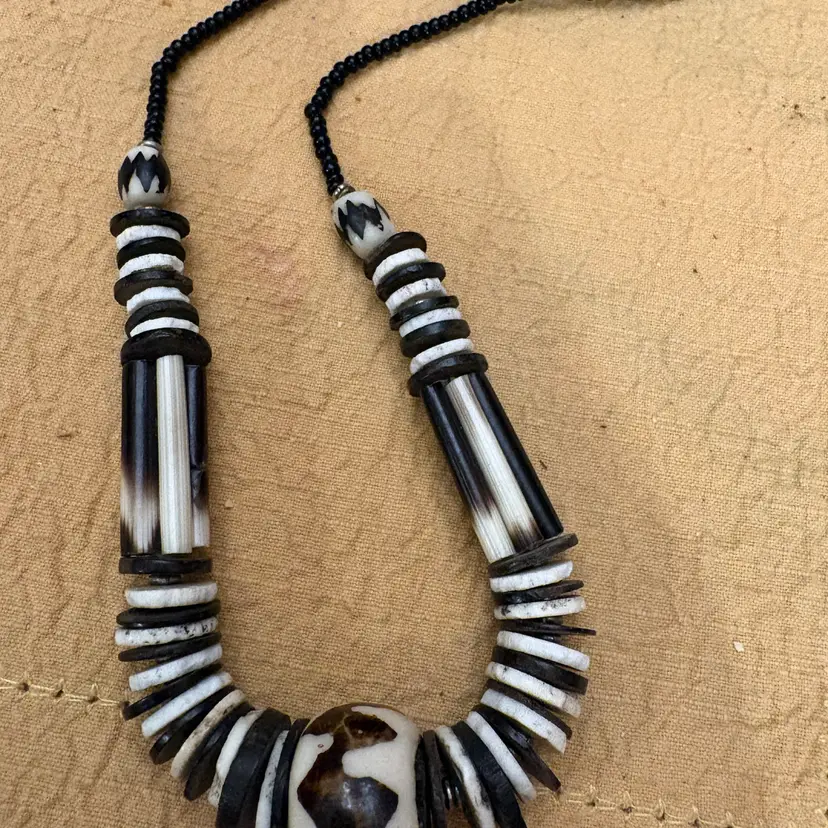 Boho Tribal Batik Bone Bead Necklace Black White Coconut Heishi Porcupine Quill