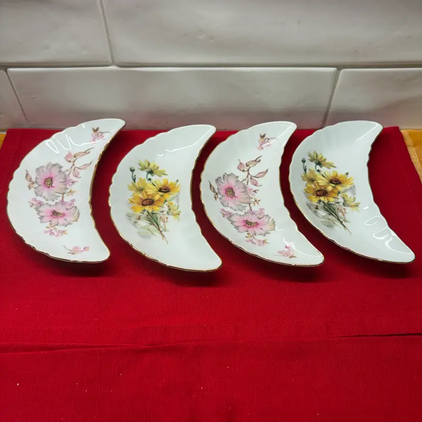 4 Mitterteich Bavaria Germany Crescent Bone Dishes - Pink & Yellow Floral