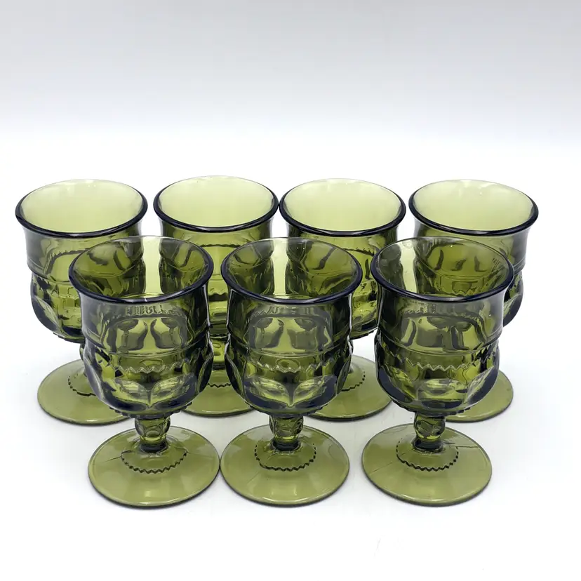 Vintage Indiana Glass Avocado Green Kings Crown Thumbprint Juice Mini Goblets Set of 7