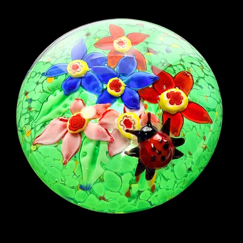 Vintage Flowers & Ladybug Paperweight 2” Tall x 3.5” Wide