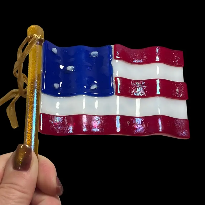 Handmade Iridescent Fused Glass American Flag 9/11 Memorial Ornament, Numbered | 4”