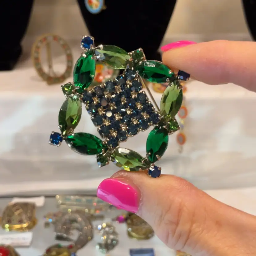 Diamond Shaped Brooch In Emerald And Dark Blue RS Center Has Blue And Clear Stones Unsigned