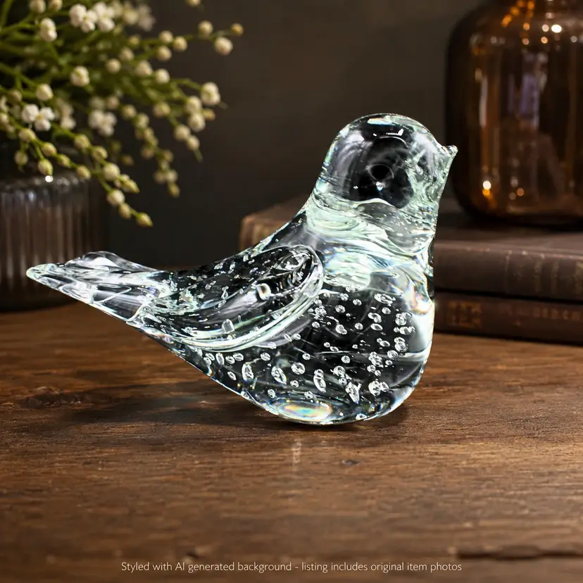 Vintage Art Glass Bird Paperweight Clear Hand Blown Controlled Bubble Figurine