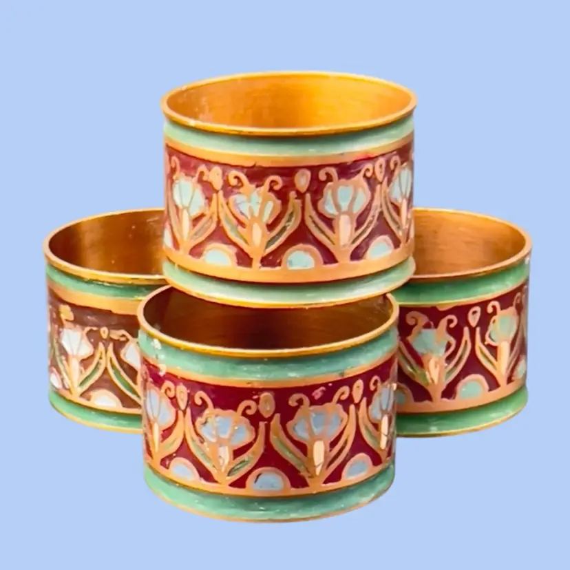 #165- Copper Napkin Rings 4pc Red Green Enamel