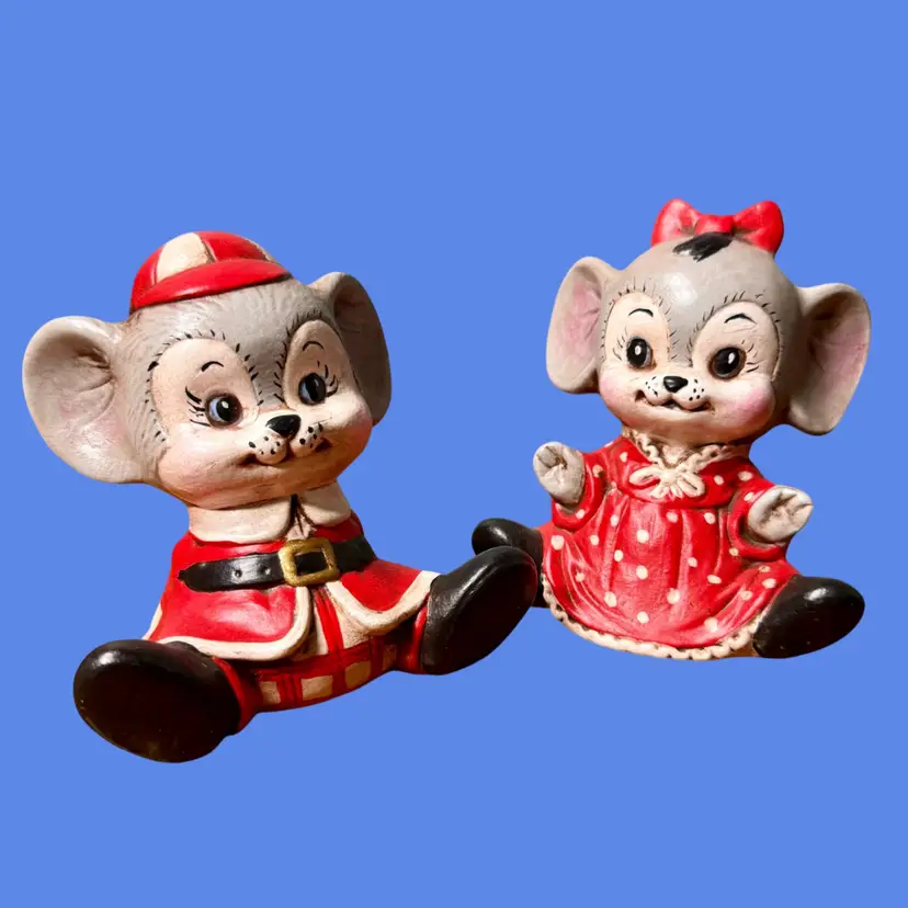 Vintage Hobbyist Ceramic Mouse Figurine Pair, 2 PC, Christmas Holiday