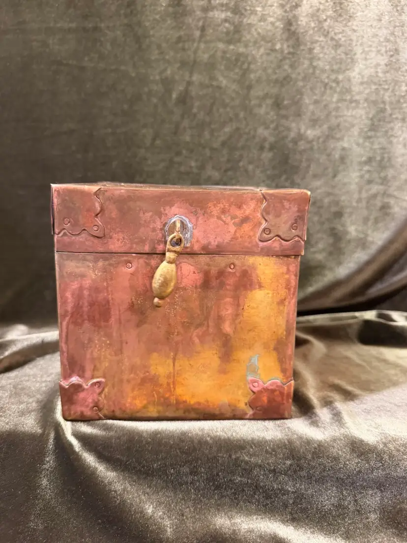 Vintage Copper & Brass Square Trinket Chest with Teardrop Latch - Handmade Made in India, Mid-Century Boho Decor 5” Square