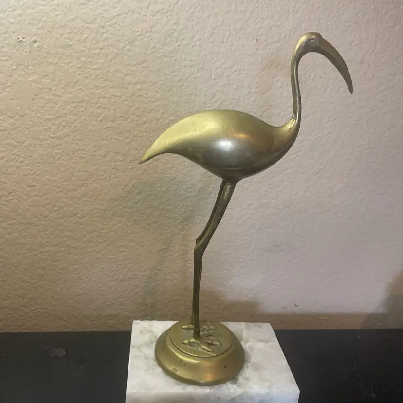 MCM solid brass 12” Standing crane or egret figurine with Smooth wings on a round base From European Fleamarket
